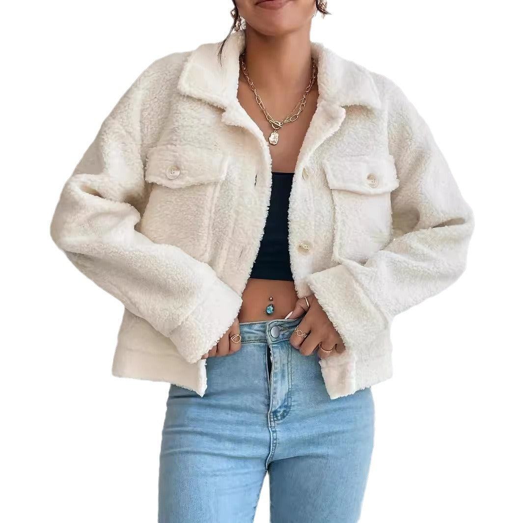 Plush White Coat – Short Winter Woolen Jacket