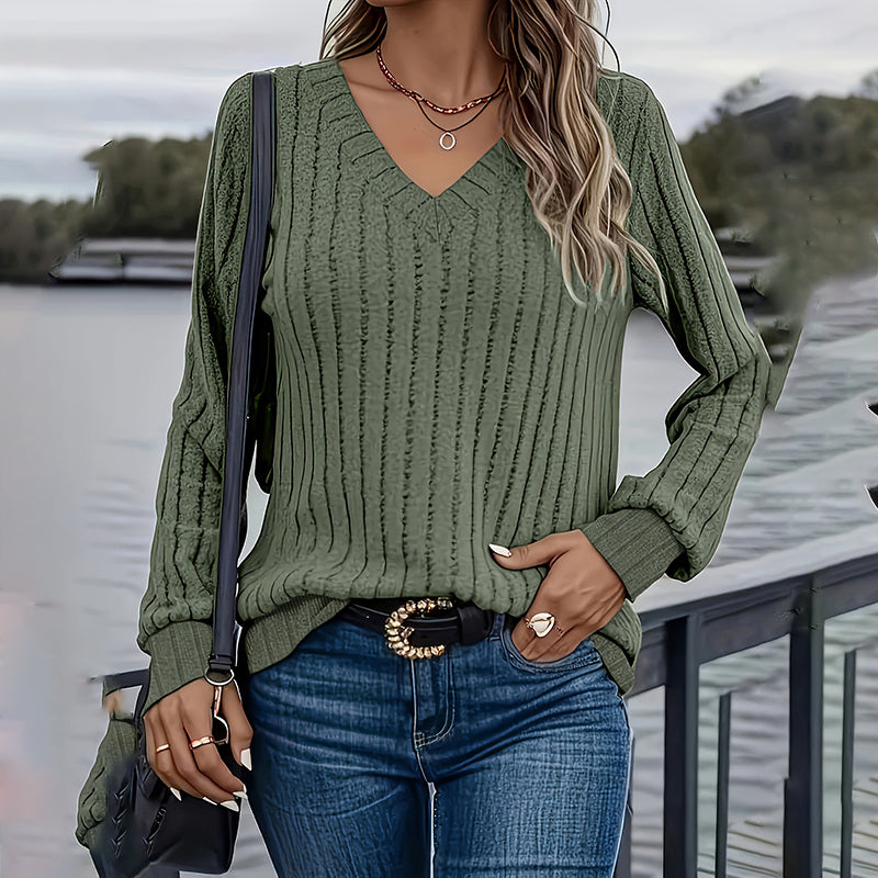 Gebreide Damesblouse met Lange Mouwen – Klassieke Rib Knit Top in Groen