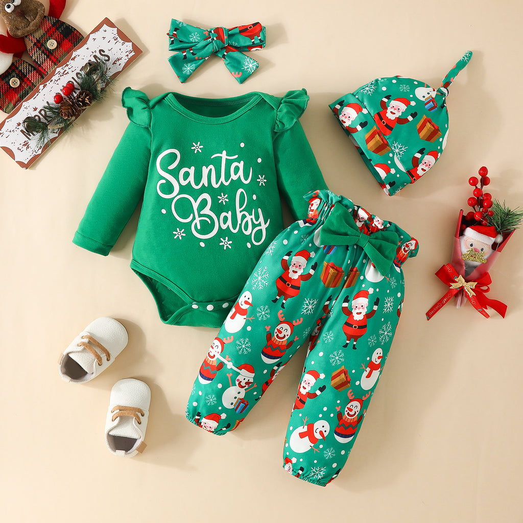 Santa Baby™ – 4-delige Kerstoutfit Set voor Baby’s (Body + Broek + Muts + Strik)