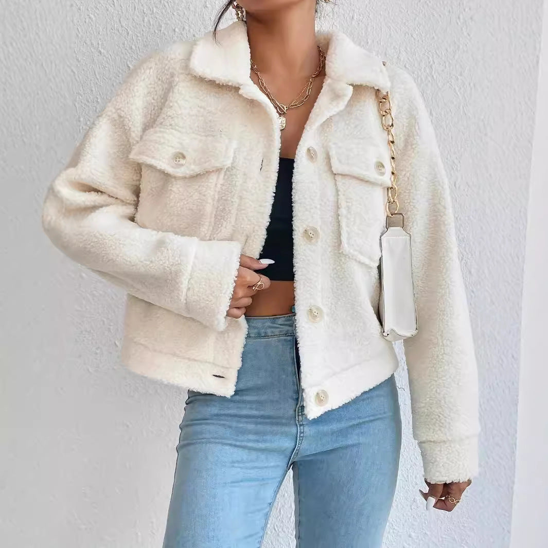 Plush White Coat – Short Winter Woolen Jacket