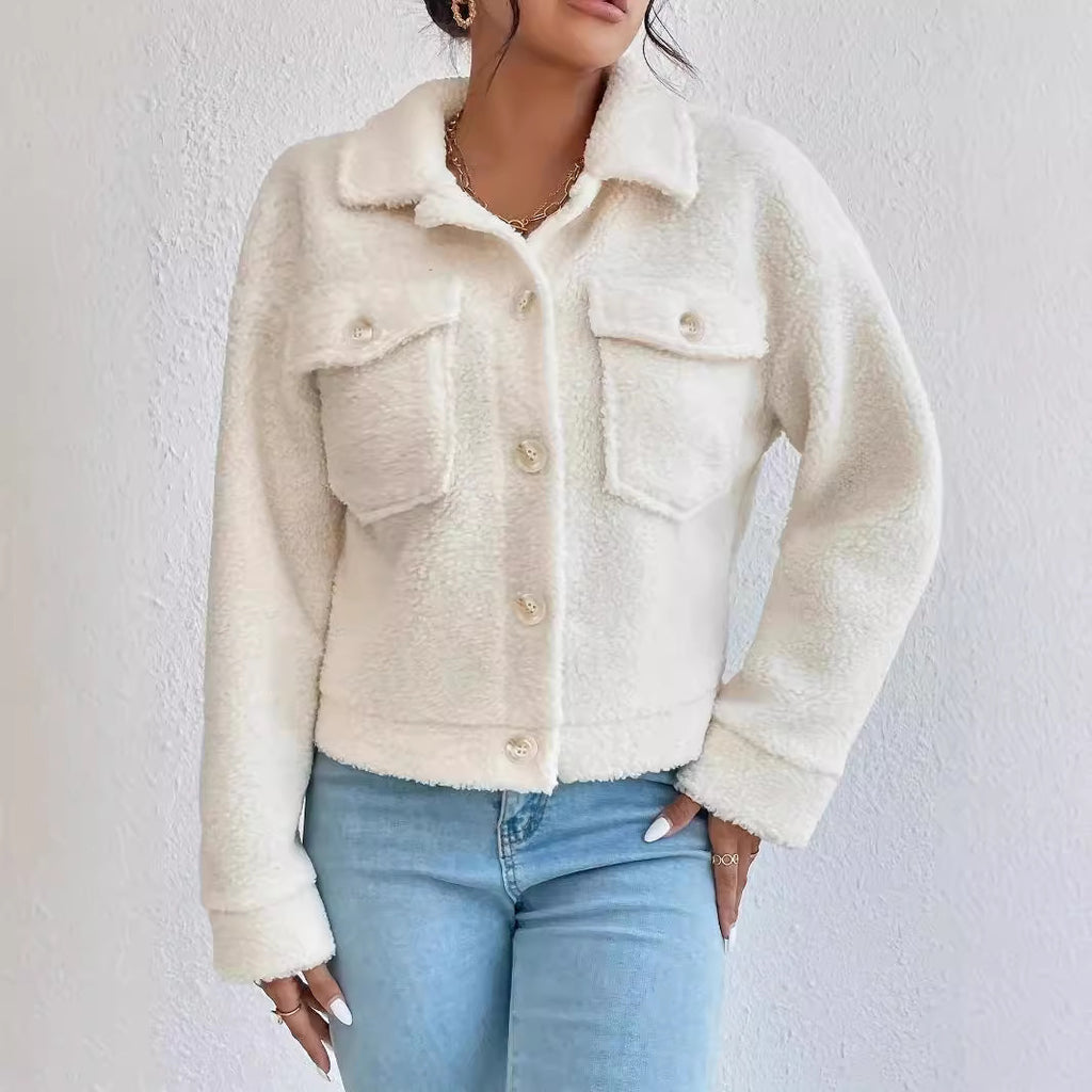 Plush White Coat – Short Winter Woolen Jacket