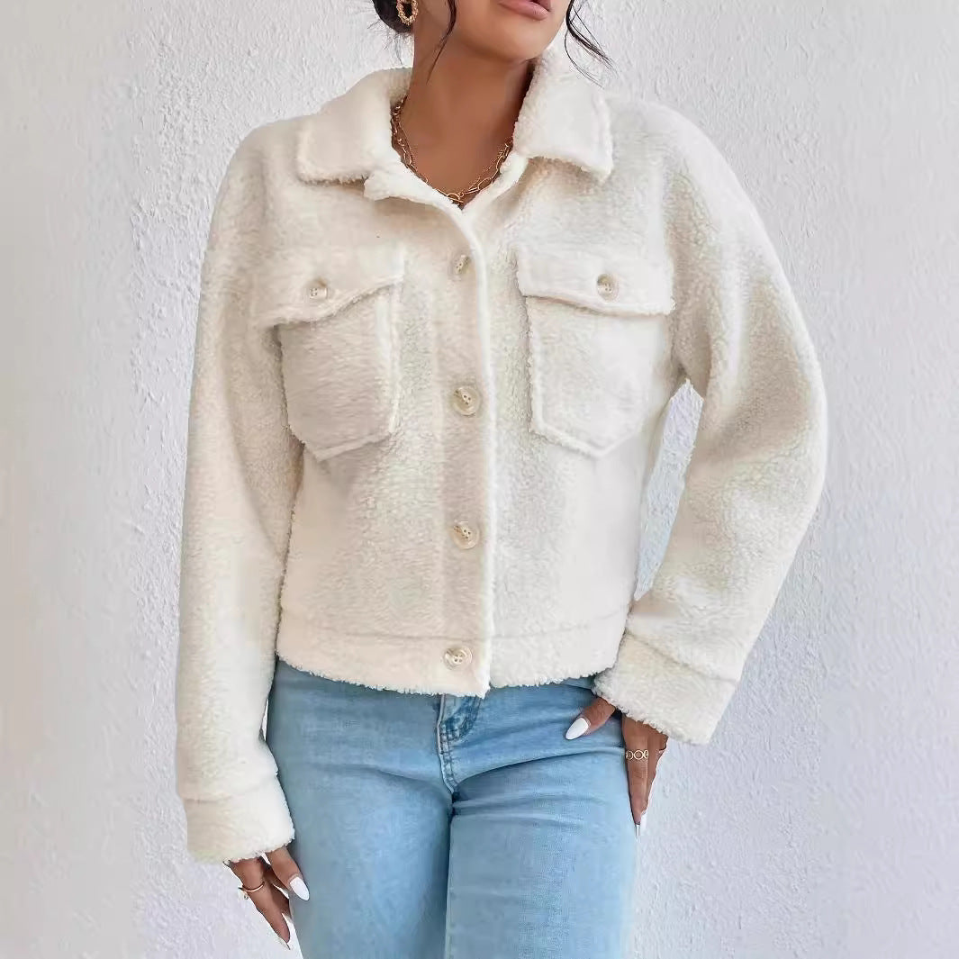 Plush White Coat – Short Winter Woolen Jacket