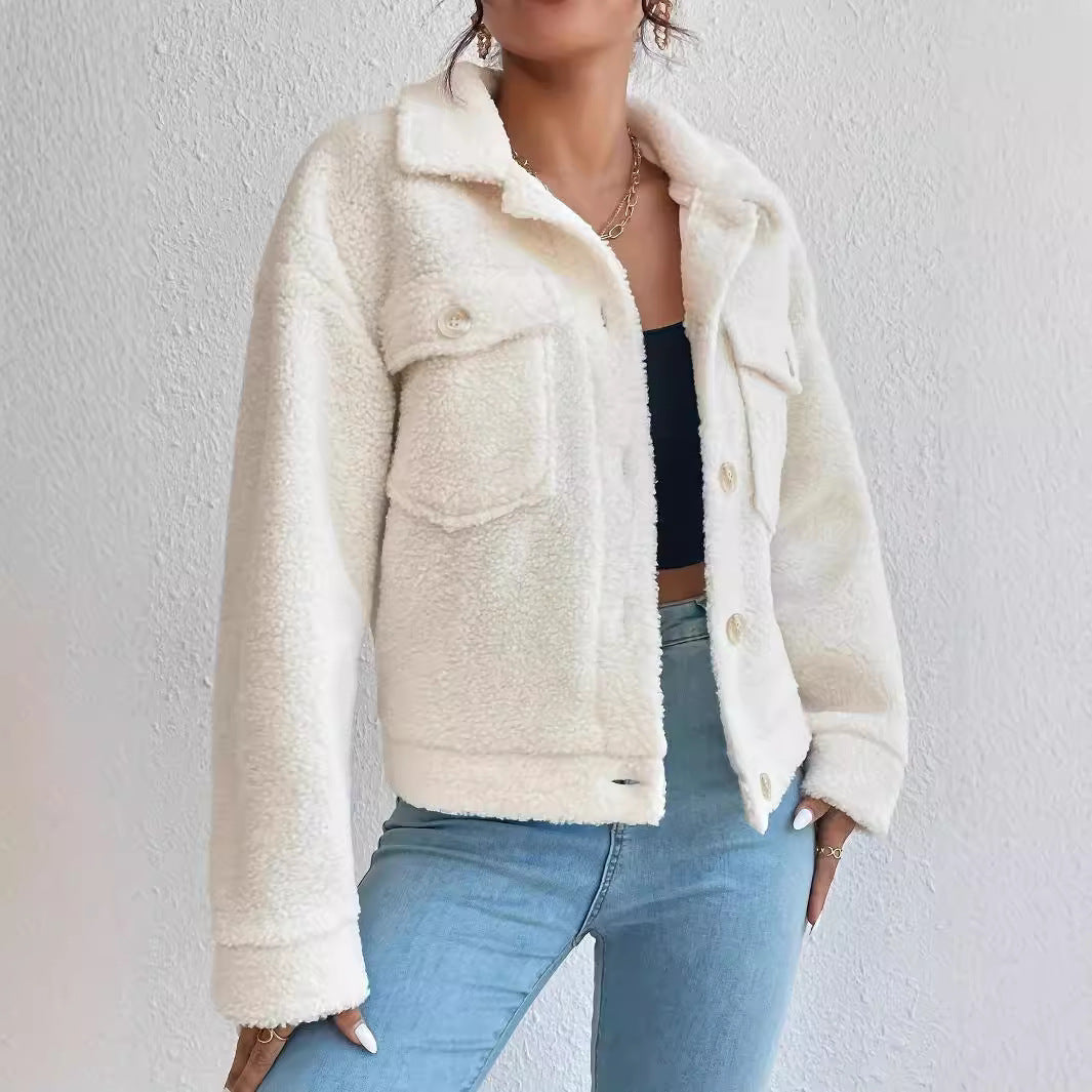 Plush White Coat – Short Winter Woolen Jacket