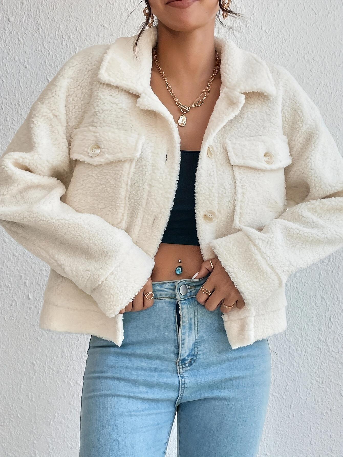Plush White Coat – Short Winter Woolen Jacket