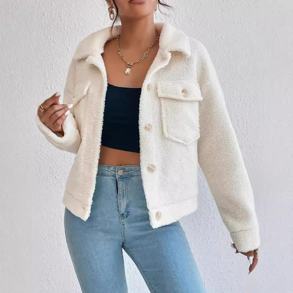 Plush White Coat – Short Winter Woolen Jacket