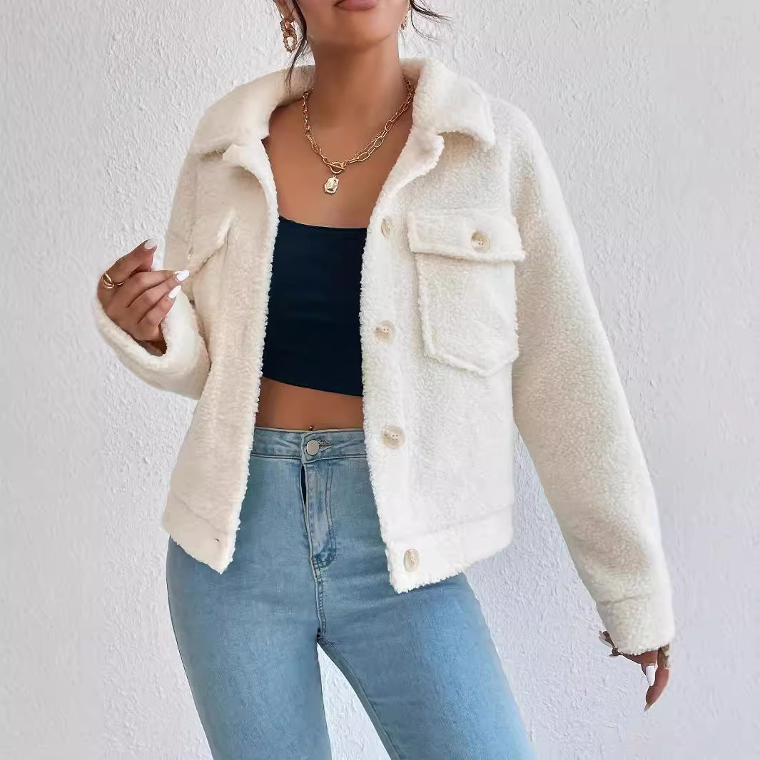 Plush White Coat – Short Winter Woolen Jacket