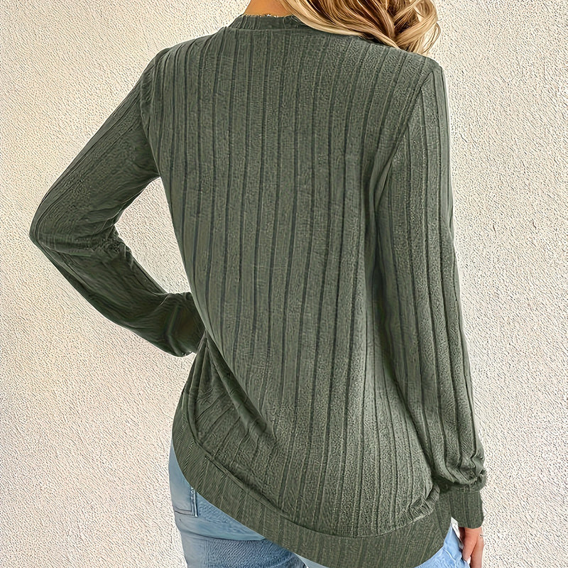 Gebreide Damesblouse met Lange Mouwen – Klassieke Rib Knit Top in Groen