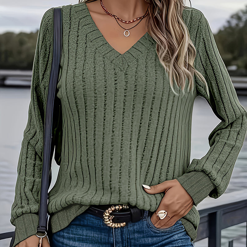 Gebreide Damesblouse met Lange Mouwen – Klassieke Rib Knit Top in Groen